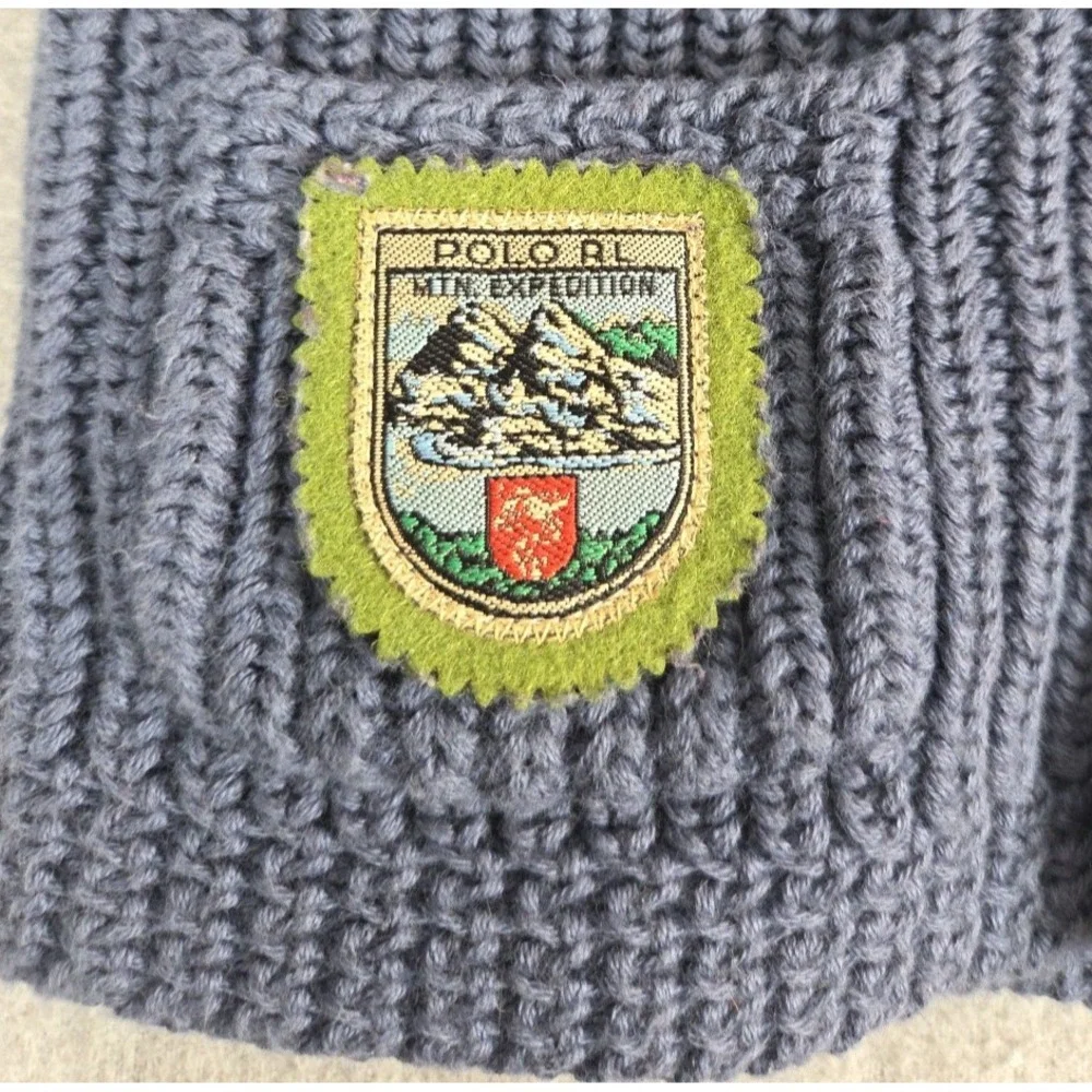 Ralph Lauren Baby Cardigan Sweater 9 Months Blue Cable Knit Expedition Patch Y2K